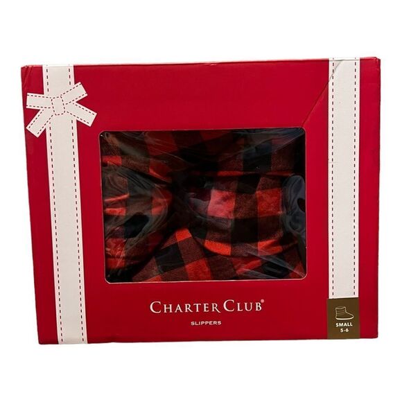 Charter Club Womens Slouch Boot Slippers Boxed Buffalo Check Red Small New - Picture 7 of 9